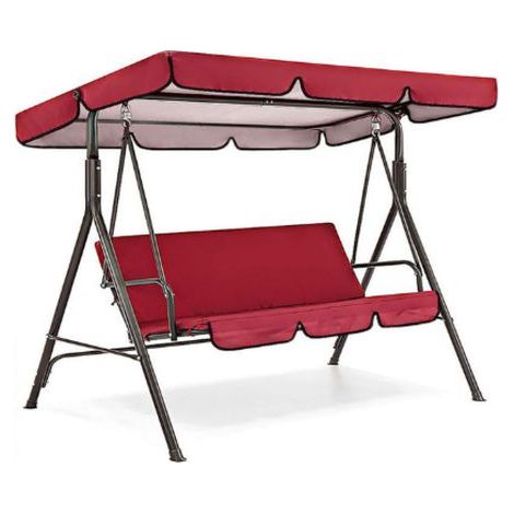 Metallene Verandaschaukel mit Sonnendach, rot. Aus silberfarbenem 210D Oxford-Gewebe. (1/5)
