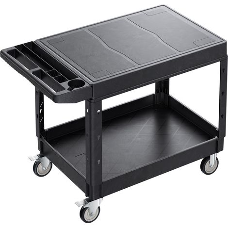Chariot utilitaire robuste, capacité 250 kg, 94 x 64,5 cm, deux étagères en plastique résistant, roulettes pivotantes 360° (2 avec freins), idéal pour entrepôt, garage, nettoyage. (1/5)