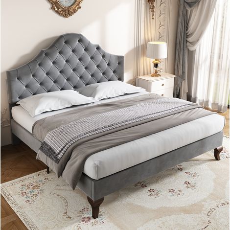 letto matrimoniale 140x200 velluto con testiera grigio HAVRYA (1/5)