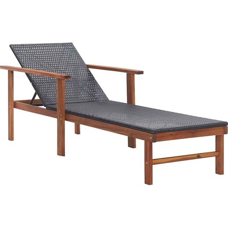 Chaise longue de jardin en résine tressée et bois d'acacia massif noir 200 x 55 x 56 cm - PANGIVO (1/5)