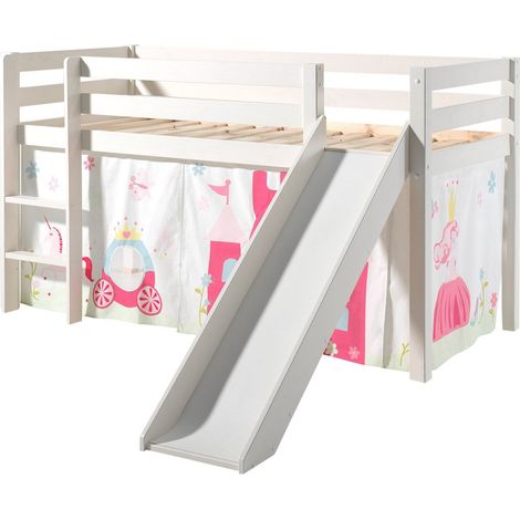 Lit toboggan 90x200 avec tente princesse pin massif blanc Pino (1/3)