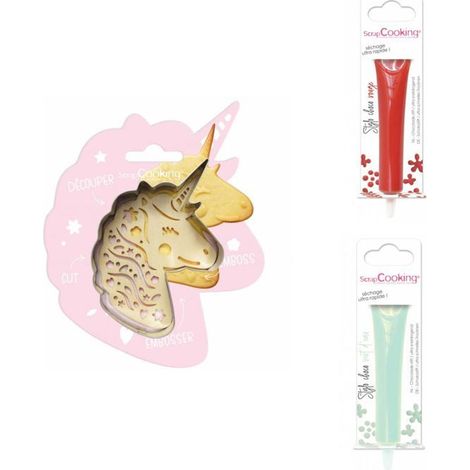 Kit pour biscuit en relief Licorne + 2 Stylos au chocolat rouge et vert d'eau