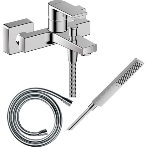 Pack mezclador baño-ducha mecánico HANSGROHE Vernis Shape C2 + flexo Isiflex + rociador HANSGROHE Pulsify E 100 EcoSmart cromado