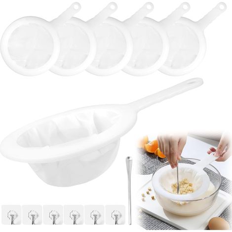 Lot de 6 passoires fines avec poignée, 80/100/120/200/300/400 mailles, passoire à cheveux de cuisine avec 6 crochets et 1 mélangeur, passoire en plastique kéfir, filtre entonnoir ultra fin pour jus