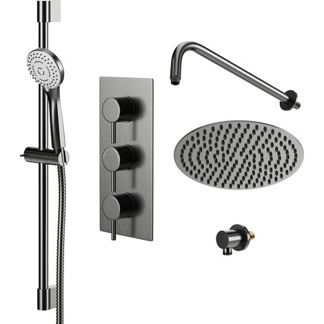 Colore Round Gunmetal Grey Concealed Triple Thermostatic Shower Valve Including 200mm Fixed Shower Head with Wall Arm and Slide Rail Kit - 2 Outlet (1/5)