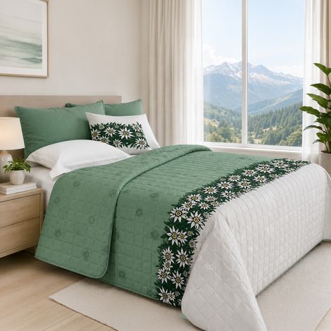 Couvre-lit matelassé Edelweiss Green en microfibre pour demi-saison OEKO-TEX fabriqué en Italie, cm. 260x260