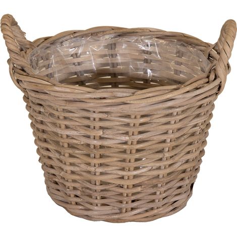 Weide Pflanzkorb natur mit Folie - 40 cm - Holz Blumenkorb mit Henkel - Garten Deko Rattan Landhaus Blumentopf foliert