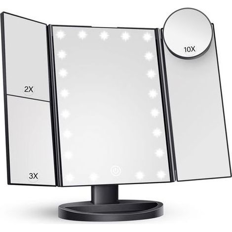 Miroir de maquillage avec éclairage, grossissement x2, x3, x10, commande tactile, pliable en trois parties, noir, 24 cm (L) x 34 cm (l), style contemporain, montage sur meuble-lavabo, salle de bain (1/5)