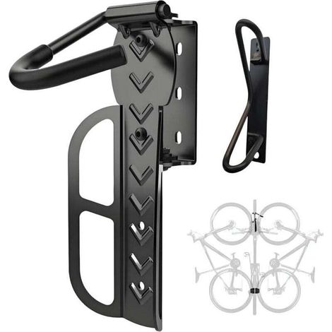 Adjustable wall mounted bicycle rack with rotating vertical storage shelf, suitable for indoor and garage use, carbon steel construction. (1/4)