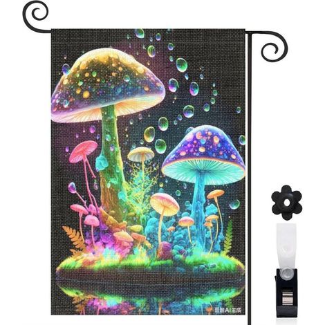 Drapeau de jardin bienvenue 30 x 45 cm motif champignons multicolores et nature toile double face (1/5)