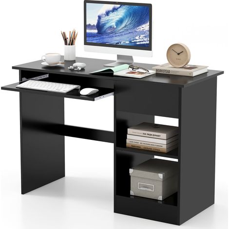 COSTWAY Wooden Computer Desk with Pull-out Keyboard Tray-Black