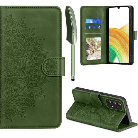 Coque portefeuille en cuir pour Samsung Galaxy A33 5G, avec porte-cartes et fonction support, vert herbe (1/5)