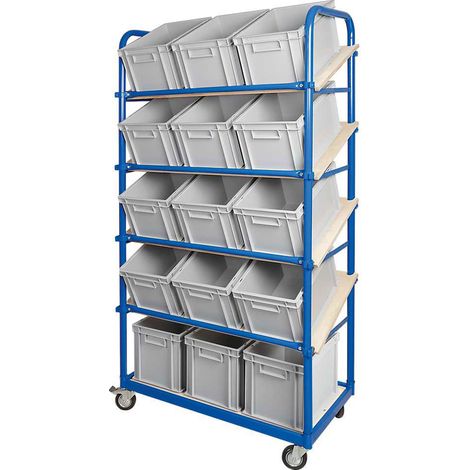 BRB Schrägboden-Regalwagen mit 5 Ebenen, 4 Lenkrollen, bestückt mit 15 Euroboxen 400x300x235 mm grau (1/3)