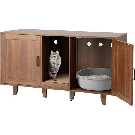 Goplus – Maisonnette pour chat 3 en 1 – Meuble TV jusqu'à 50 pouces – 2 portes d'accès – Planche à griffer amovible – MDF et bois d'ingénierie – Marron