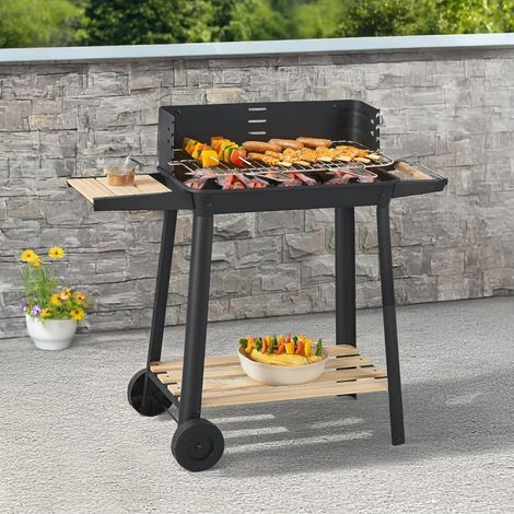 Charcoal BBQ Grill with Wheels Large Steel Trolley BBQ with Adjustable Height Grill, Shelves & Wind Shield for Garden Patio