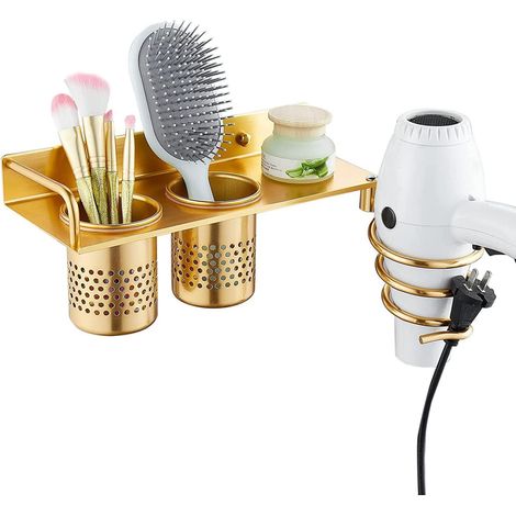 Tragbarer, spiralförmiger Wandhaartrocknerhalter mit 2 Bechern - Multifunktionaler, platzsparender Badezimmer-Organizer (goldfarben mit 2 Bechern)