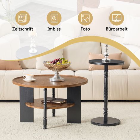 Set de 2 tables basses rondes, panneau de fibres de bois avec pressage sous vide PVC, table basse de 80 cm avec rangement et table d'appoint de 38 cm, emballage individuel, parfait pour salon et chamb (1/5)