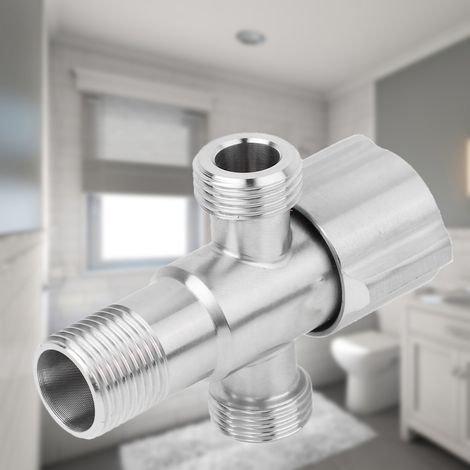 Grifo esquinero G1/2" para baño y cocina, fabricado en acero inoxidable, con válvula de cierre, 1 entrada y 2 salidas. (1/5)