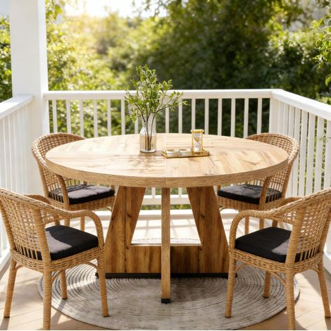 Tavolo da pranzo rotondo 120 cm naturale in legno ingegnerizzato stile country (1/5)