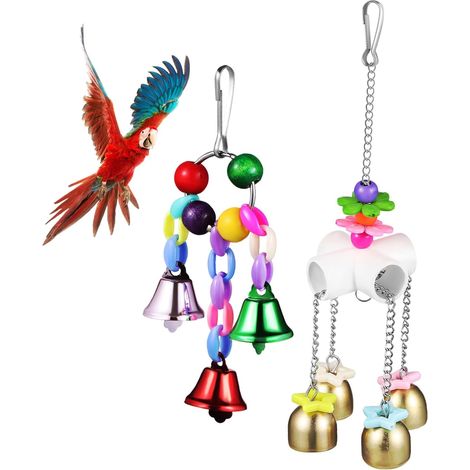 2-Piece Hanging Parrot Feeder with Colorful Bells, Bird Chew for Parakeets and Conures (Random Color) (1/5)