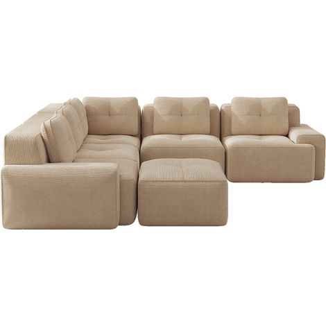 Divano modulare per soggiorno beige in tessuto effetto corda con chaise longue, senza montaggio (1/5)