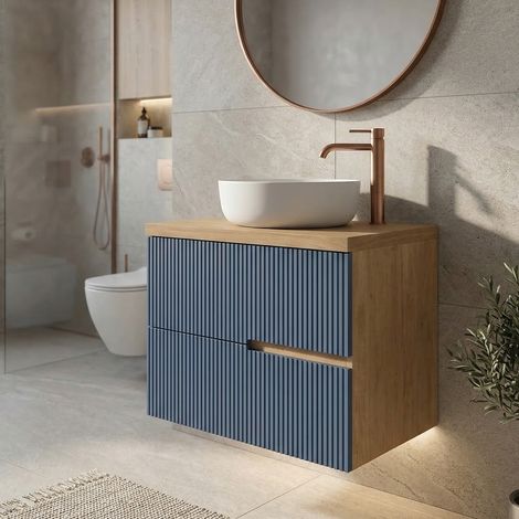 Meuble vasque à poser L.60cm suspendu Chêne naturel 2 tiroirs Bleu Mer cannelé EVA - sans colonne (1/5)