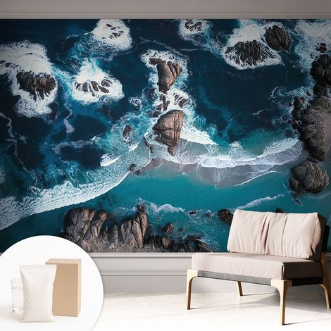 Papier peint intissé mural avec imprimé motifs uniques apparence moderne - Colle incluse gratuite Vagues océaniques 312x219 cm (1/5)