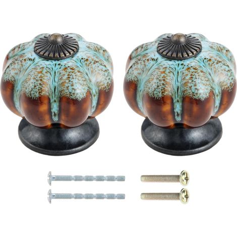 Lot de 2 boutons de tiroir citrouille vintage, 3,8 x 4,0 cm, céramique imprimé léopard bleu, vis incluses. (1/5)