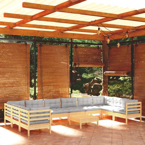 Salon de jardin modulable 11 pièces en bois de pin massif avec coussins gris, canapé d’angle, repose-pied, table, 11 coussins, 14 dossiers (1/5)