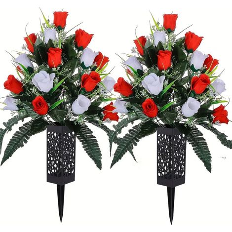 Lot de 2 bouquet fleurs artificielles, soie et plastique, résistant eau et soleil, avec vase et piquet 7cm, pour cimetière (1/5)