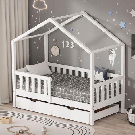 ML-Design Kinderbett Hausbett 70x140 cm Weiß mit 2 Schubladen, Holzbett mit Rausfallschutz, Lattenrost und Dach, Spielbett aus Kiefernholz für Kinder, Montessori Bodenbett Bettgestell Bettenhaus Bett (1/5)
