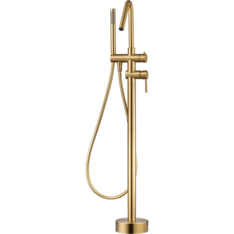 IMEX grifería de bano en acero y latón color oro con cartucho cerámico Ø35 mm tubo flexible PVC y mando empotrado a piso modelo CORCEGA Imex-BBECO1-OC