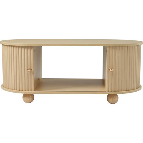 Mesa de centro ovalada con almacenaje y puertas correderas MDF color madera (1/5)
