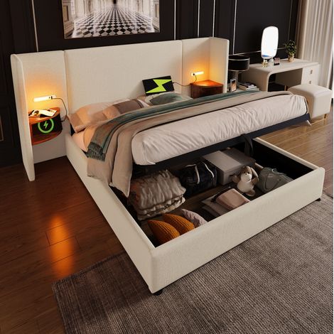 letto contenitore 160x200 ricarica USB lampada beige OKMYHOME (1/5)