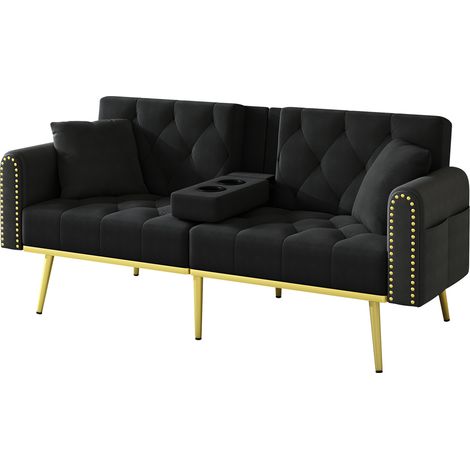 Divano letto doppio in velluto nero con schienale reclinabile e porta bicchieri MODENUIT (1/5)