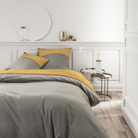 Parure de lit 3 pièces 260x240 cm percale tricolore beige et ocre