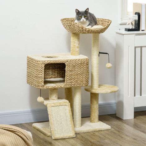 Árbol para gatos de sisal y felpa beige con caseta, rampa y zonas de descanso, para rascar, trepar y reposar, 60 x 40 x 98 cm (1/5)