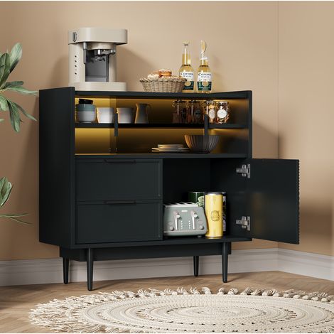 Mobile contenitore nero in MDF con porte scorrevoli in vetro, cassetti e luce LED regolabile (1/5)