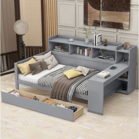 Tagesbett 90x200 cm Grau aus Spanplatte und MDF mit Schreibtisch, Stauraum, 2 Schubladen, USB und Steckdose (1/5)