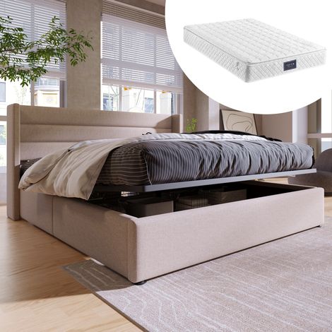 Bett mit Stauraum Leinenstoff Beige 160x200 cm, hydraulisches Polsterbett inklusive Matratze und Lattenrost (1/5)