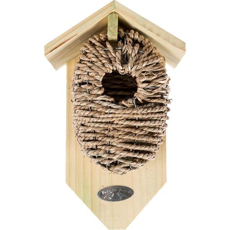 HOMESCAPES Wooden Bird Box with Seagrass Birdnest - Natural - Natural