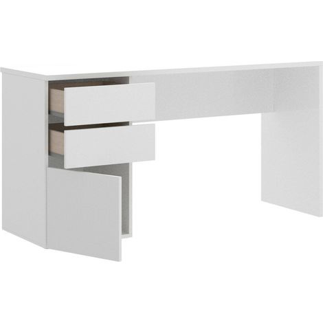 Dmora - Scrivania Lagoni, Scrittoio multiuso da ufficio o cameretta, Tavolo da studio lineare con 2 cassetti e 1 anta, 139x60h75 cm, Bianco, con imballo rinforzato (1/5)