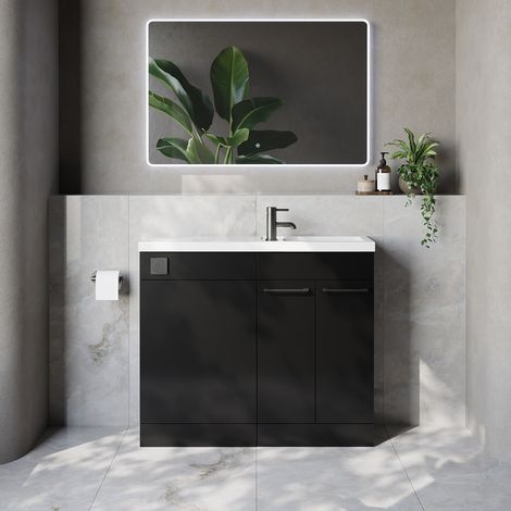 Napoli 250 Matt Black 1000mm 2 Door Vanity Unit Toilet Suite with Square Silvo Basin - 1000mm - Gunmetal Grey 160mm HandleWithout Kingston Toilet Pan