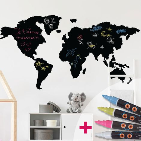 Sticker ardoise tableau noir - stickers muraux adhésif effaçable - CARTE DU MONDE + 4 CRAIES LIQUIDES - 55x105cm (1/4)