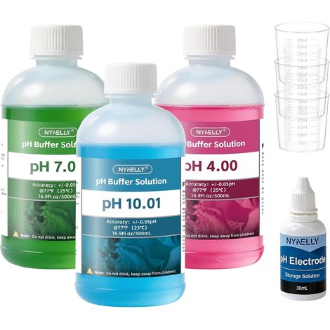 Kit de Solution d'étalonnage pour pH Metre, 3 Flacons de 500 ml Solution Tampon pH 7.00/4.00/10.01 avec 3 Gobelets Doseurs, et 30 ml Solution de Stockage de Sonde pH, Mesures de pH (1/5)