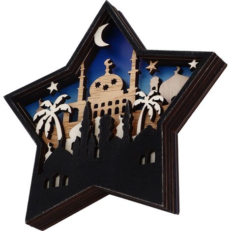 Lot décoratif en bois étoile à cinq branches pour Ramadan, sculpture multicouche lumineuse (modèle JM00562, sans pile). (1/5)