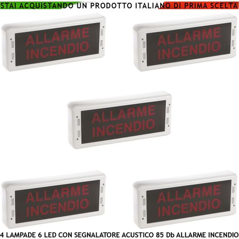 SEGNALAZIONE VIA DI FUGA 5 PEZZI LUCE LED SIRENA 85 dB SCRITTA ALLARME INCENDIO PANNELLO A MURO EN 54-3 EN-54-23 DoP 1293 CPR-0511 (1/4)