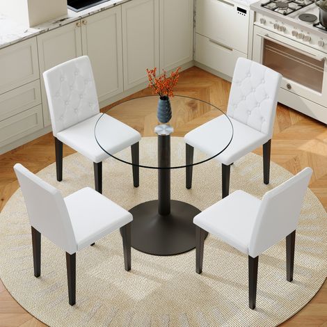 Tisch- und Stuhl-Set, runder Glastisch Ø85 cm und 4 weiße PU-Stühle HAVRYA (1/5)