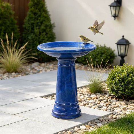 Fontaine à oiseaux en céramique faite à la main (Ø 31,5 cm, hauteur 38 cm), bleu roi brillant avec glaçure lisse et brillante, résistant aux intempéries et au gel, pour jardin, terrasse et balcon