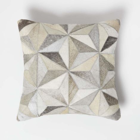 HOMESCAPES Geometric Star Grey Leather Cushion 45 x 45 cm (1/5)